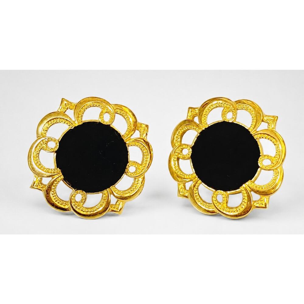 Vintage Black Velvet Gold Tone Oval Clip-On Earrings Large Ornate 1.25" bc-39‎